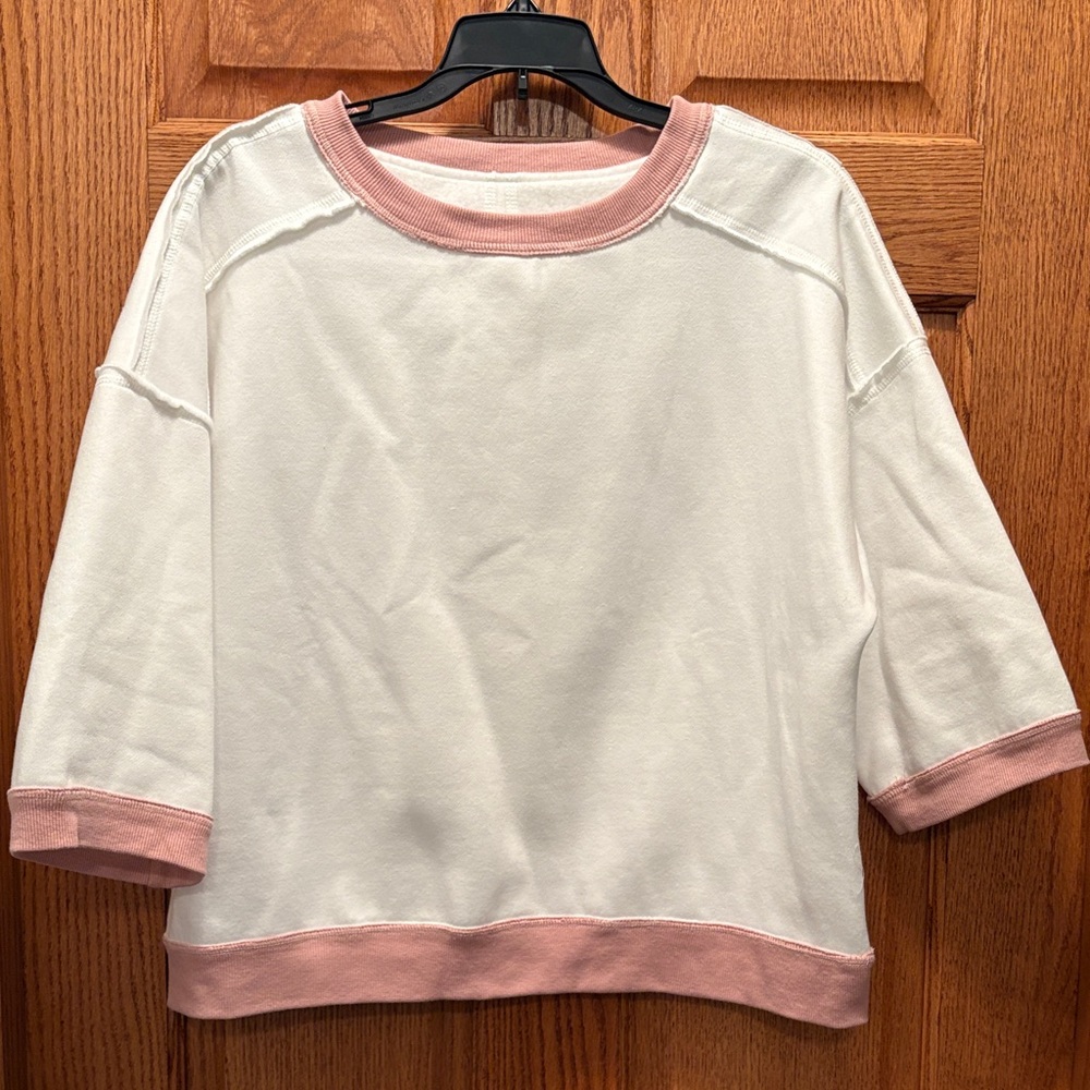 Womans White and Pink Short Sleeve Sweatshirt